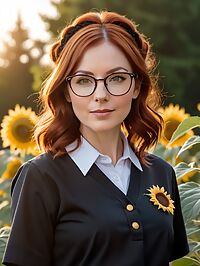 Woman in her 40s stands outside at dusk wearing a black school uniform and glasses