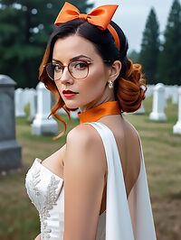 A sensual and beautiful woman in a white wedding dress poses seductively by the cemetery at twilight